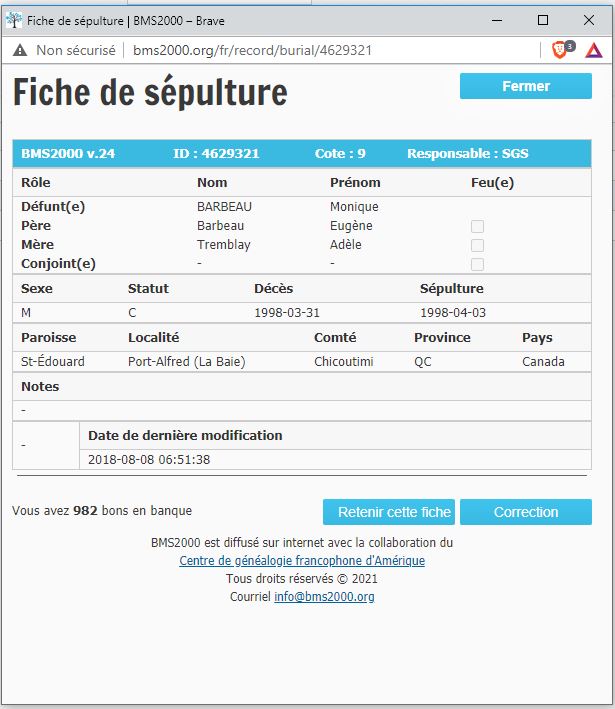 Fiche de sépulture de la base de données BMS2000