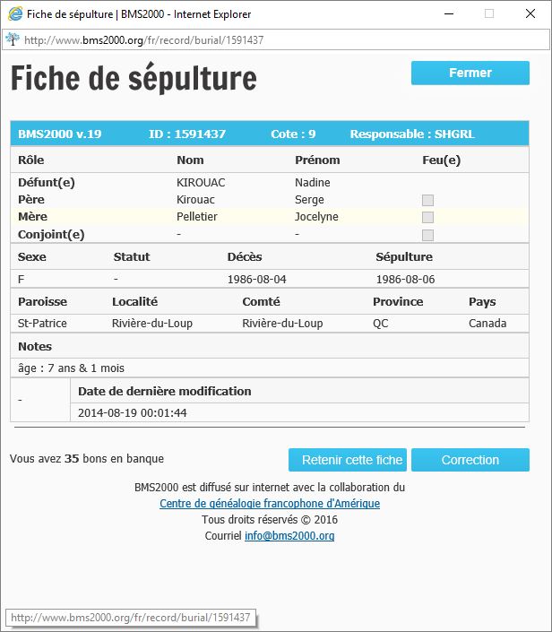 Fiche de sépulture de la base de données BMS2000