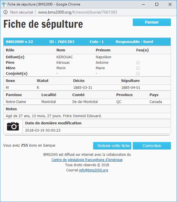 Fiche de sépulture de la base de données BMS2000
