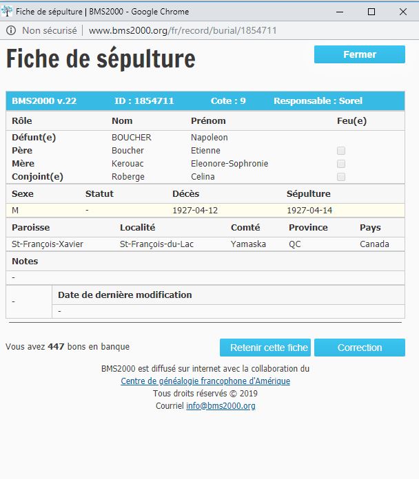 Fiche de sépulture de la base de données BMS2000