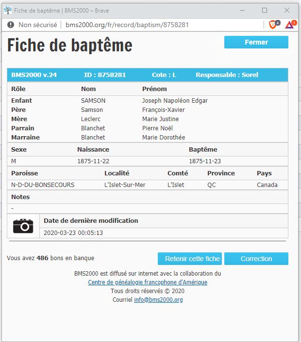Fiche de baptême de la base de données BMS2000
