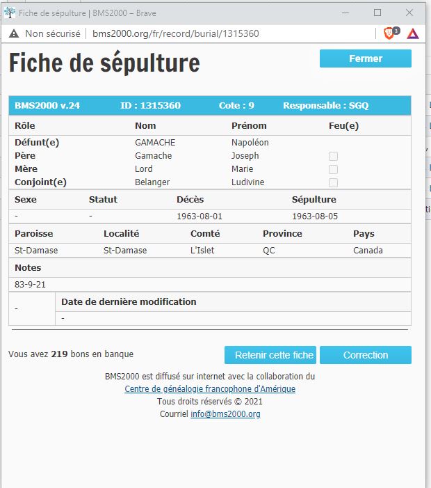 Fiche de sépulture de la base de données BMS2000