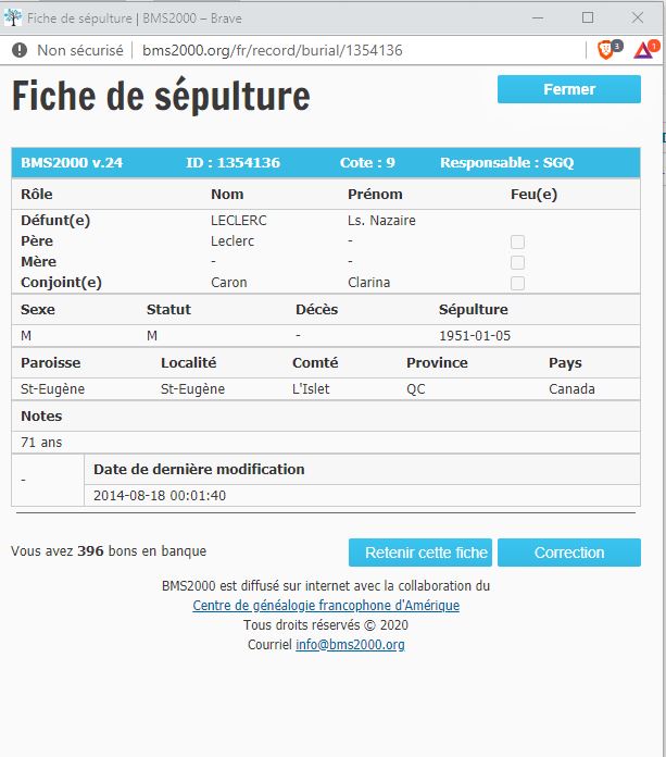 Fiche de sépulture de la base de données BMS2000 Fiche de sépulture de la base de données BMS2000