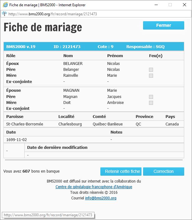 Fiche de mariage de la base de données BMS2000