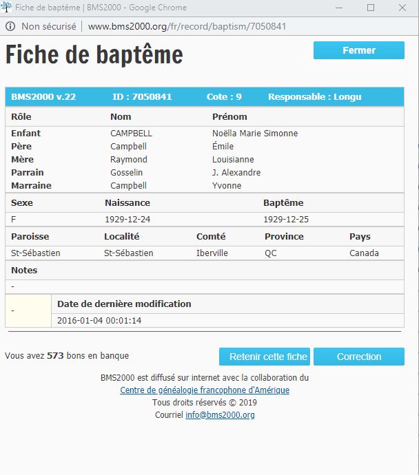 Fiche de baptême de la base de données BMS2000