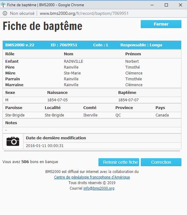 Fiche de baptême de la base de données BMS2000