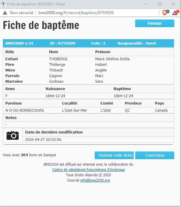 Fiche de baptême de la base de données BMS2000