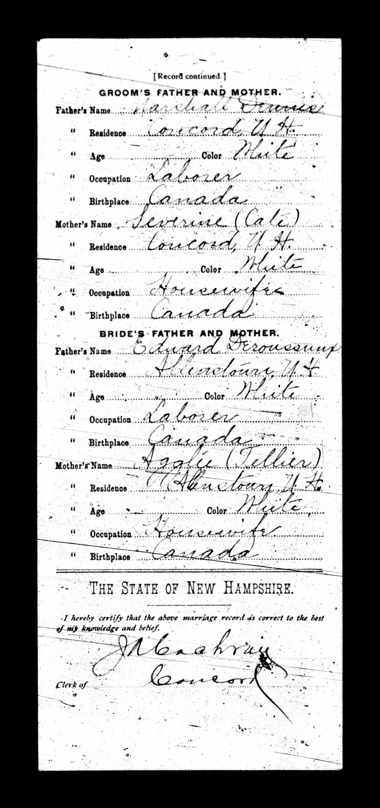 Enregistrement du mariage, verso