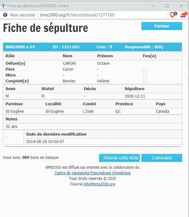 Fiche de sépulture de la base de données BMS2000