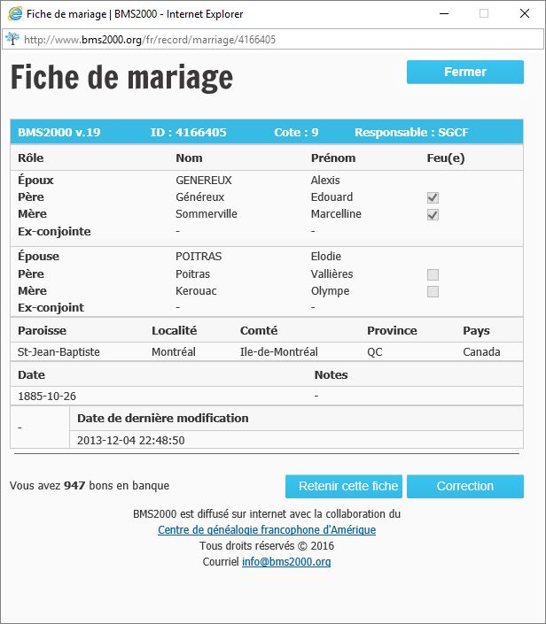Fiche de mariage de la base de données BMS2000