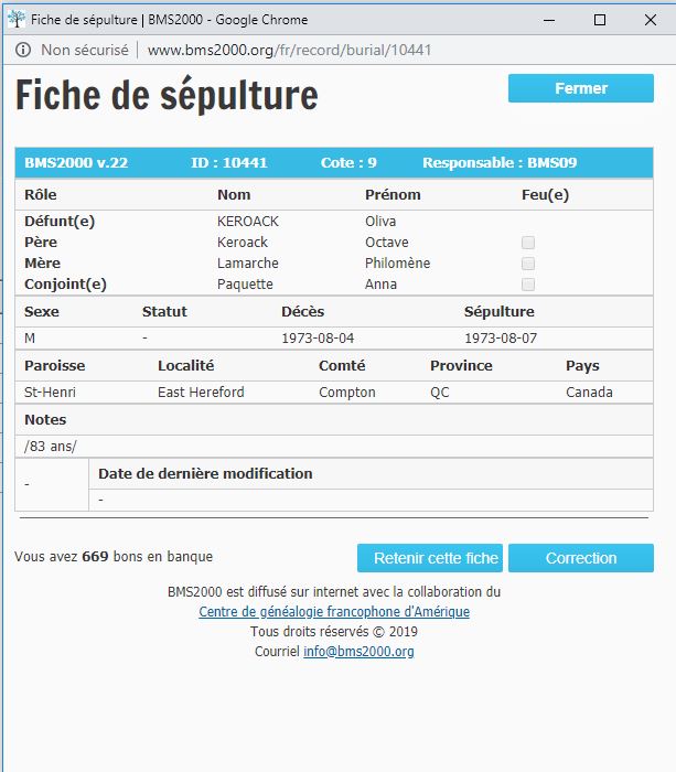 Fiche de sépulture de la base de données BMS2000
