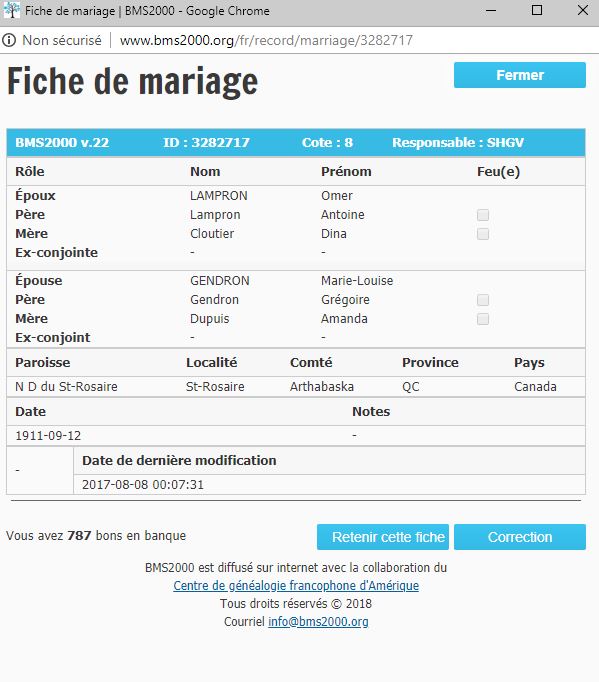 Fiche de mariage de la base de données BMS2000 Fiche de mariage de la base de données BMS2000