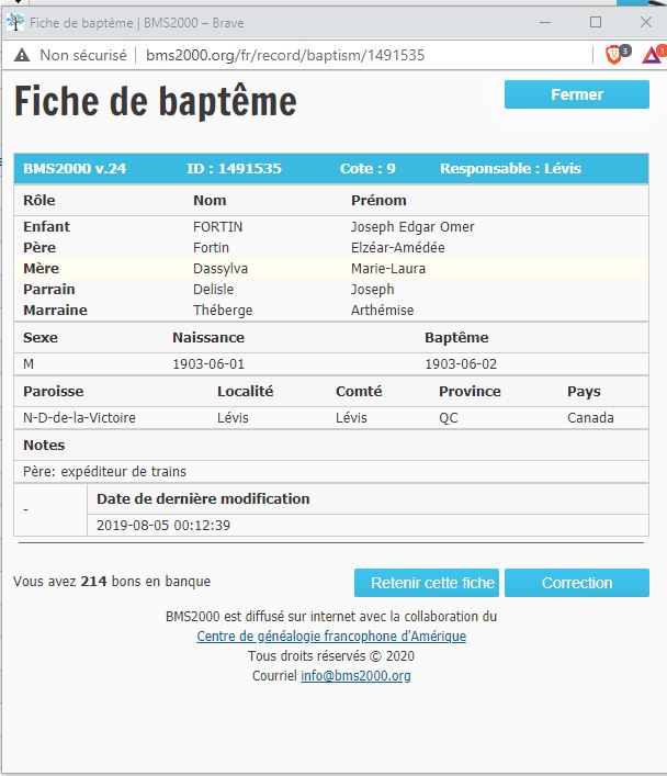 Fiche de baptême de la base de données BMS2000