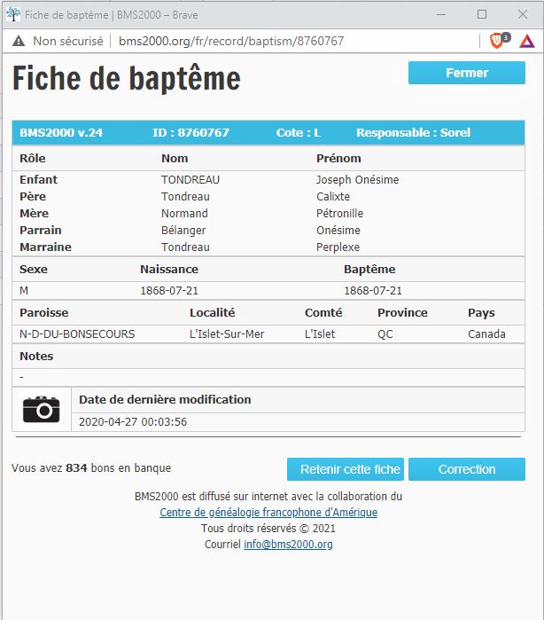 Fiche de baptême de la base de données BMS2000