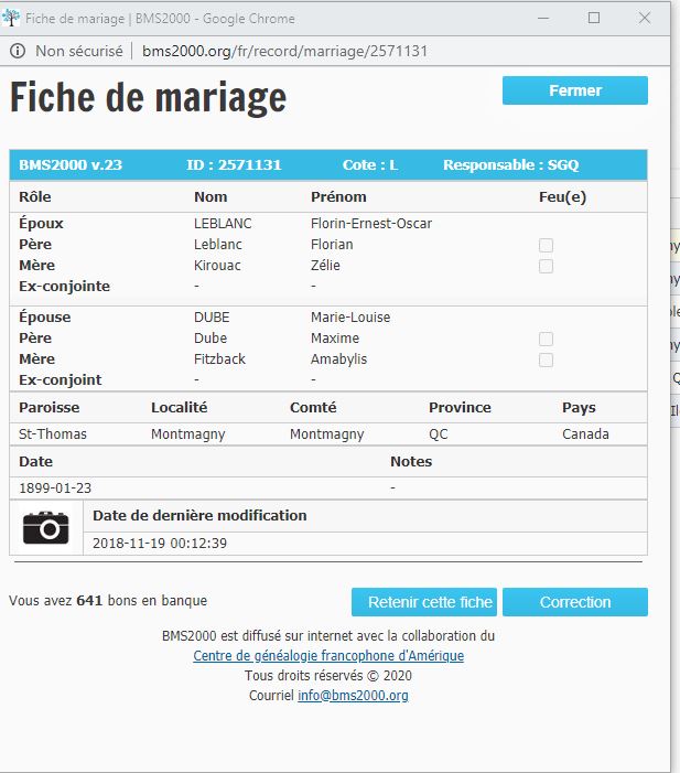 Fiche de mariage de la base de données BMS2000