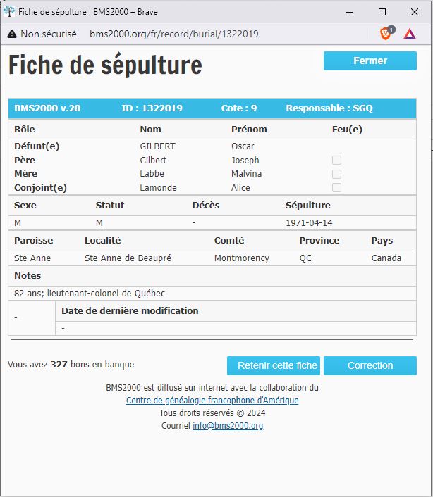 Fiche de sépulture de la base de données BMS2000