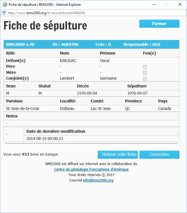 Fiche de sépulture de la base de données BMS2000