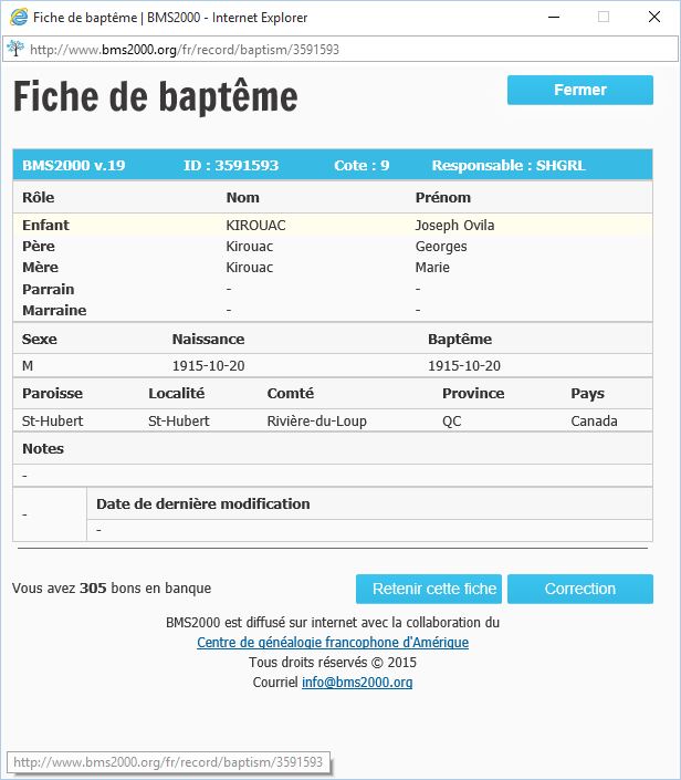 Fiche de baptême de la base de données BMS2000