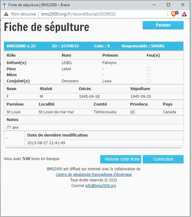 Fiche de sépulture de la base de données BMS2000