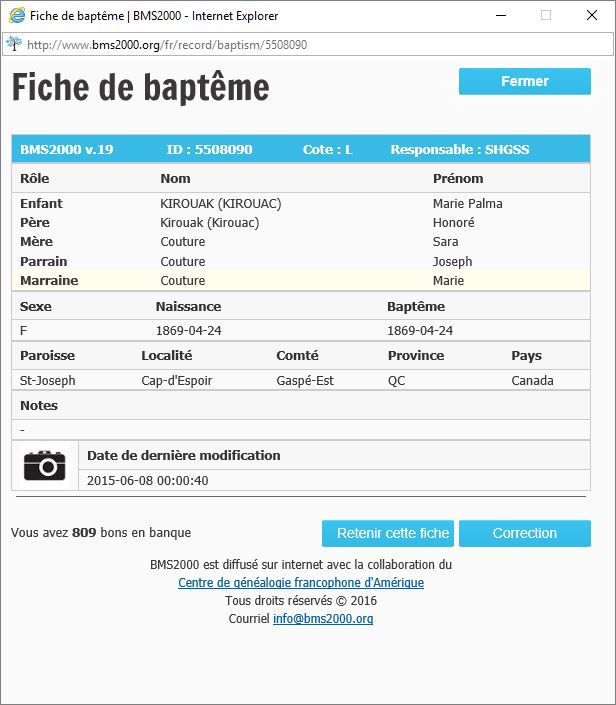 Fiche de baptême de la base de données BMS2000 Fiche de baptême de la base de données BMS2000