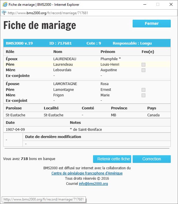 Fiche de mariage de la base de données BMS2000