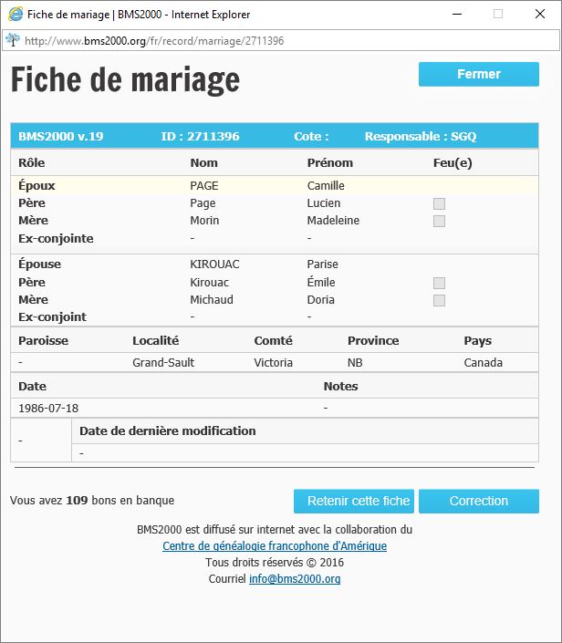 Fiche de mariage de la base de données BMS2000