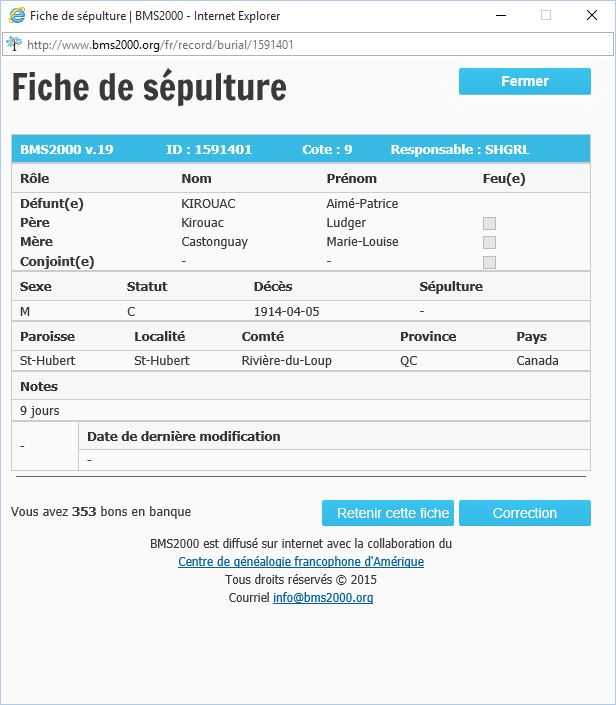 Fiche de sépulture de la base de données BMS2000