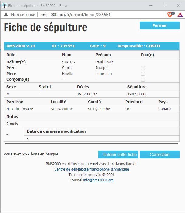Fiche de sépulture de la base de données BMS2000