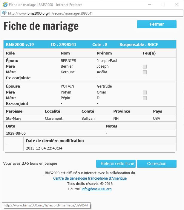 Fiche de mariage de la base de données BMS2000