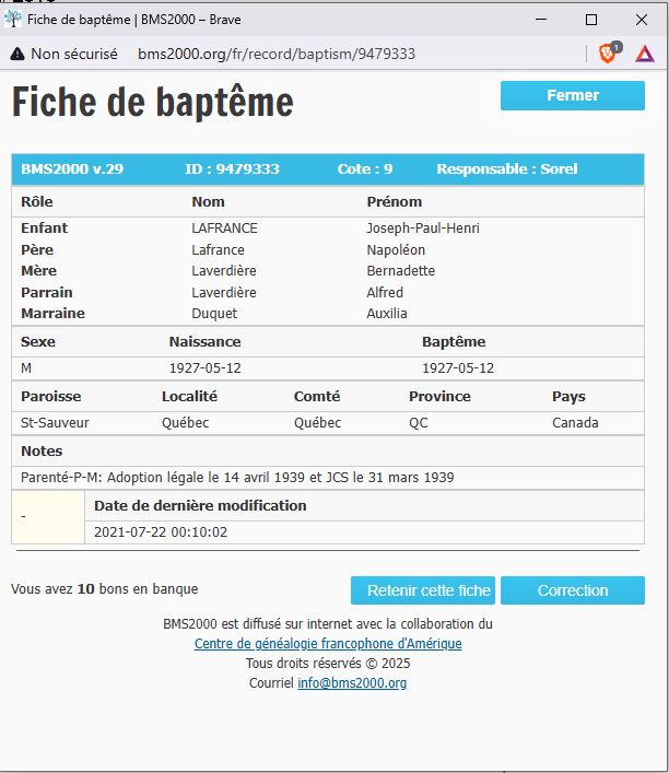 Fiche de baptême de la base de données BMS2000
