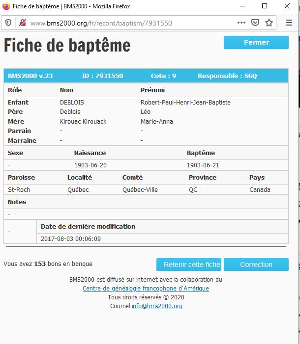 Fiche de baptême de la base de données BMS2000