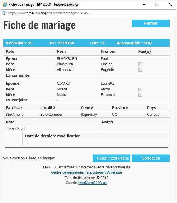 Fiche de mariage de la base de données BMS2000
