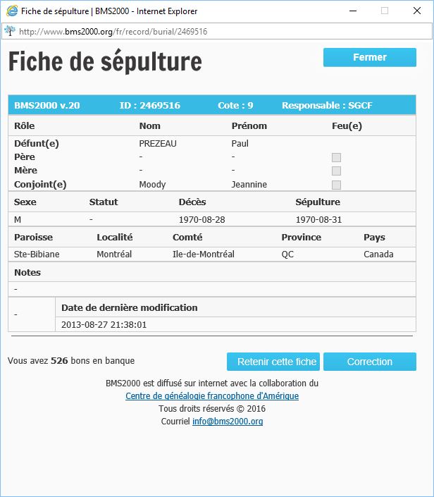 Fiche de sépulture de la base de données BMS2000