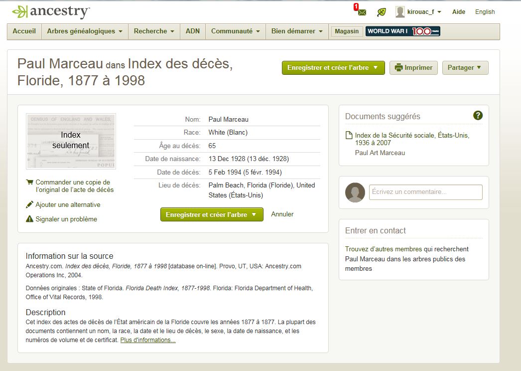 Mention de la date et du lieu de décès