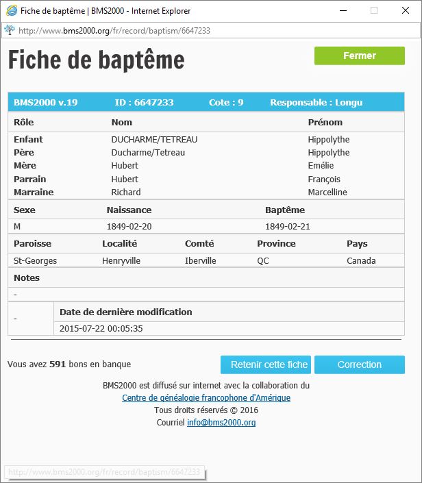 Fiche de baptême de la base de données BMS2000