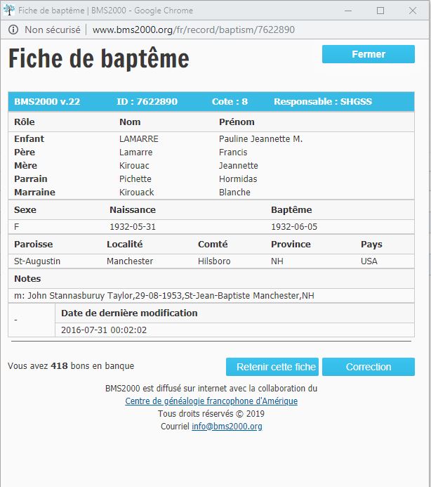 Fiche de baptême de la base de données BMS2000