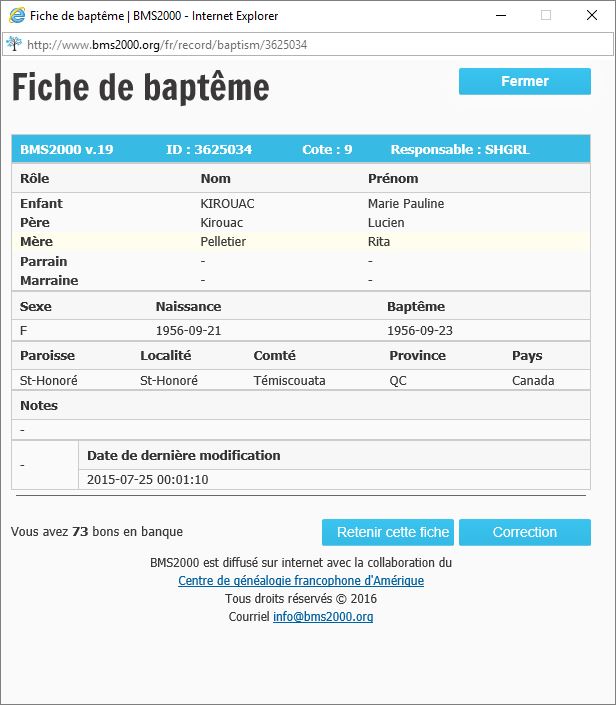 Fiche de baptême de la base de données BMS2000
