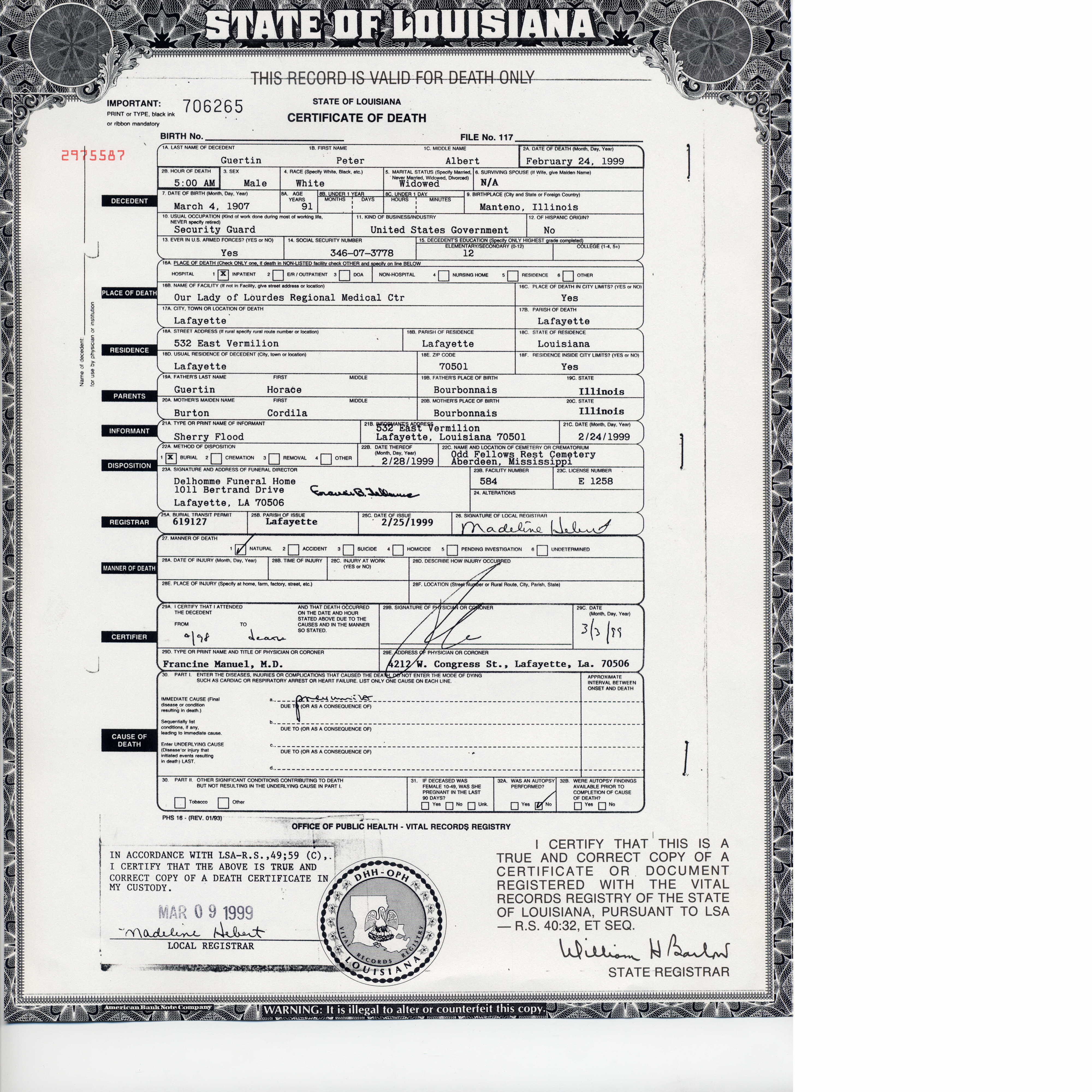 Certificat de décès