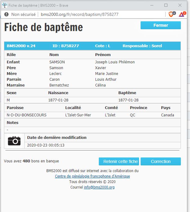 Fiche de baptême de la base de données BMS2000