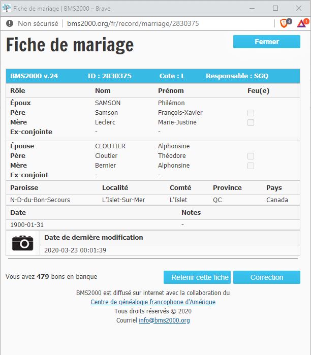 Fiche de mariage de la base de données BMS2000 Fiche de mariage de la base de données BMS2000