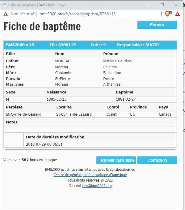 Fiche de baptême de la base de données BMS2000