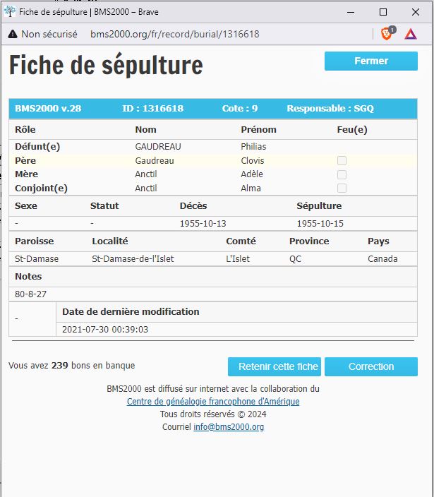 Fiche de sépulture de la base de données BMS2000 Fiche de sépulture de la base de données BMS2000