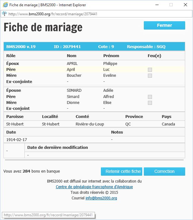 Fiche de mariage de la base de données BMS2000
