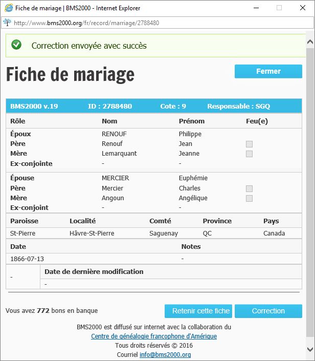 Fiche de mariage de la base de données BMS2000 Fiche de mariage de la base de données BMS2000