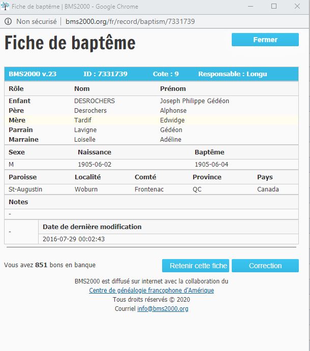 Fiche de baptême de la base de données BMS2000 Fiche de baptême de la base de données BMS2000