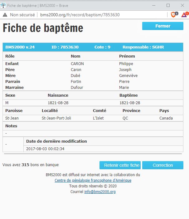 Fiche de baptême de la base de données BMS2000