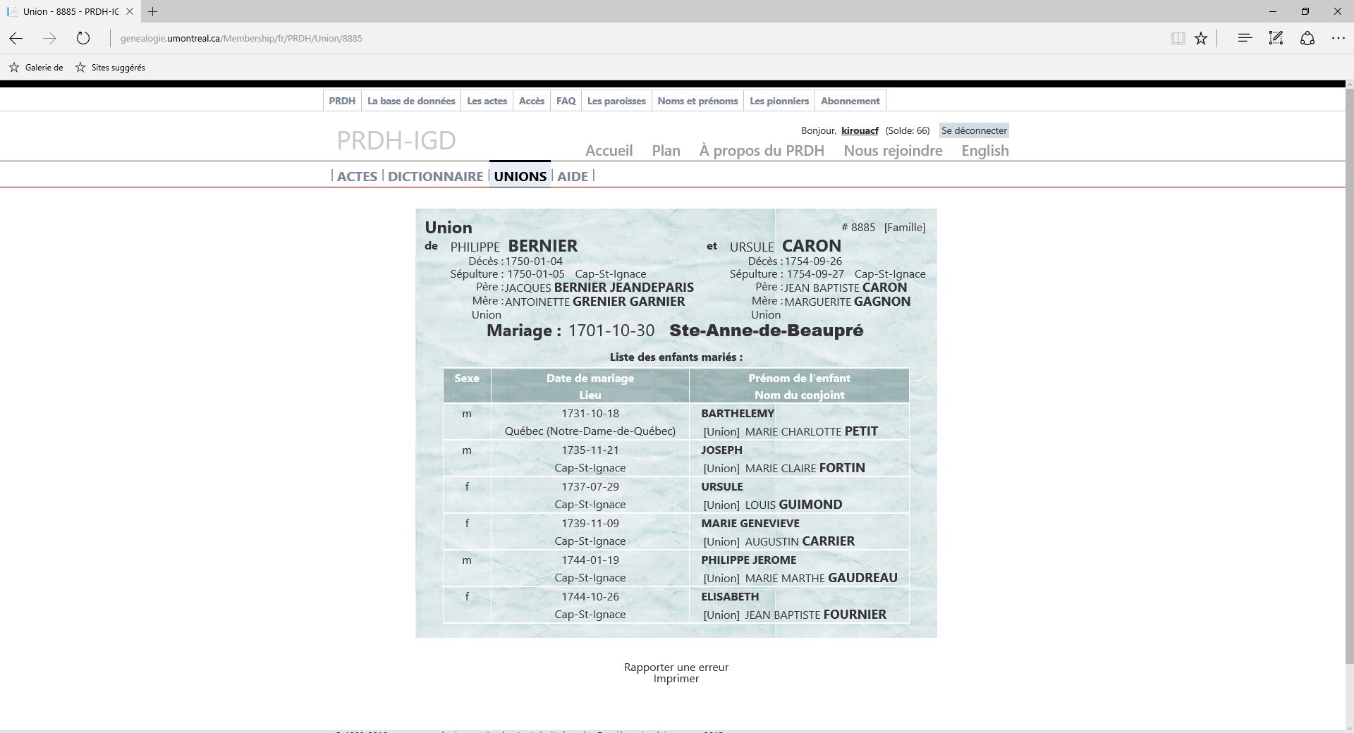 Fiche de famille du PRDH