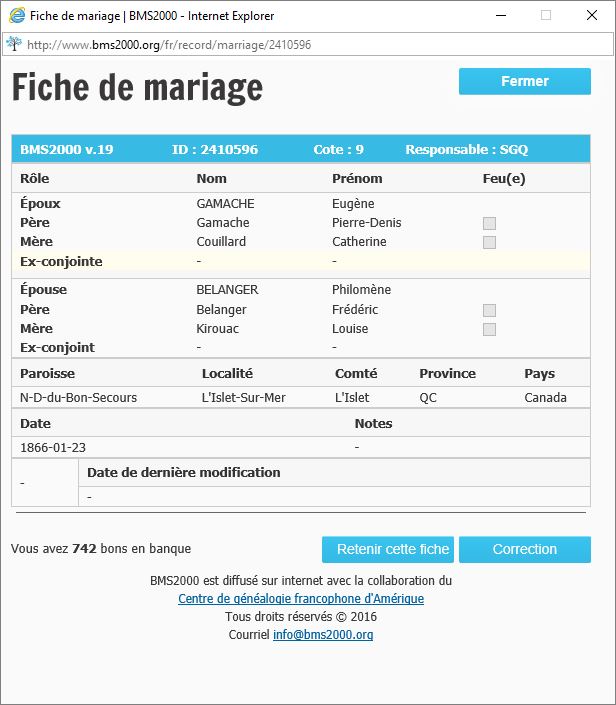 Fiche de mariage de la base de données BMS2000
