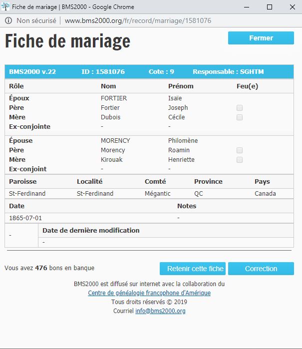 Fiche de mariage de la base de données BMS2000