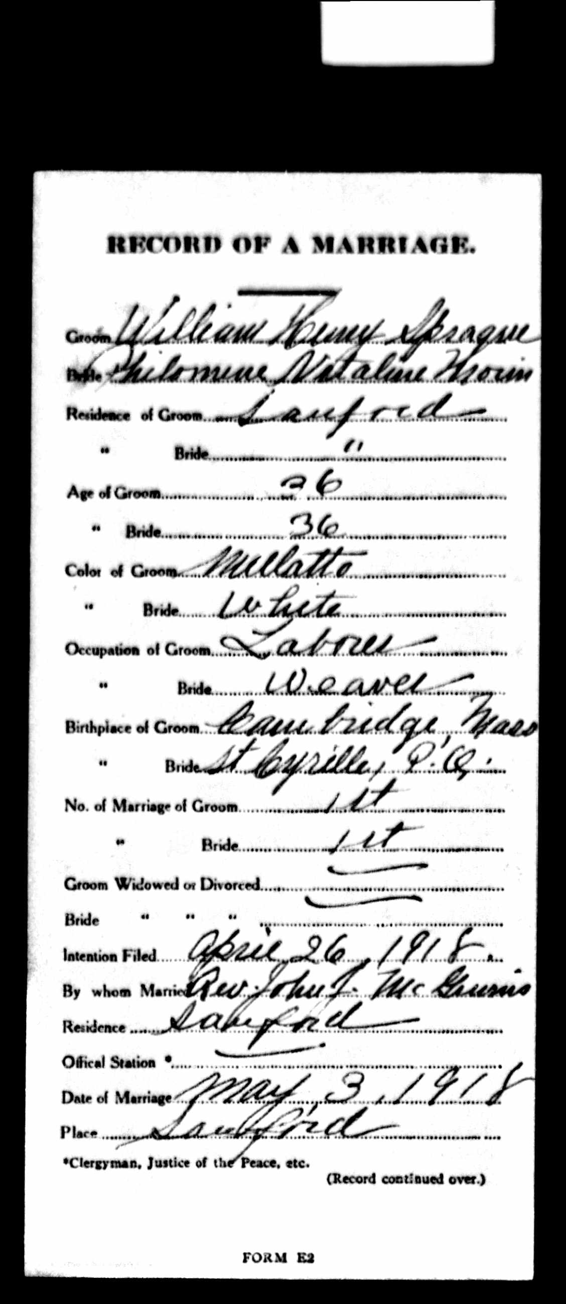 Enregistrement du mariage, recto Enregistrement du mariage, recto